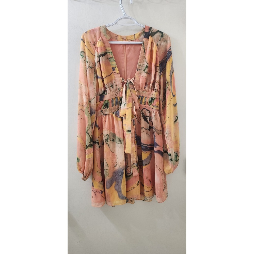 Alexis Watercolor Marble Print Long Sleeve Mini Dress Peach Yellow Blue